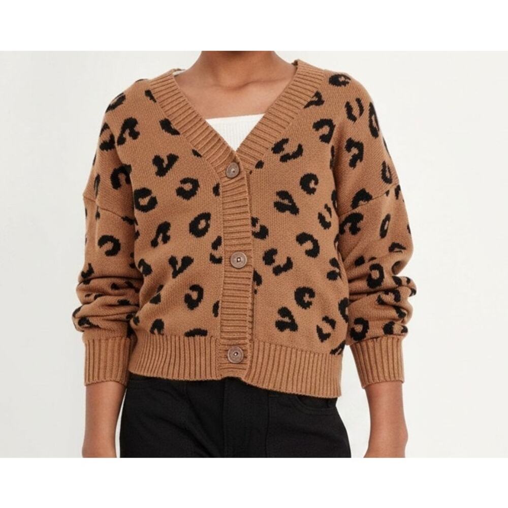 Old Navy Leopard Print Button-Front Cardigan Sweater, Brown Black Girls Sz L(10)